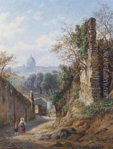 Distant View Of Rome; A Backstreet In Rome Oil Painting - Arthur John Strutt