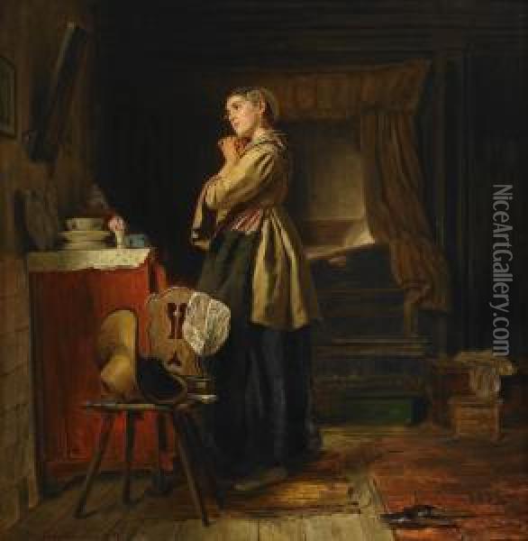 Flicka Framfor Spegeln - Interior Oil Painting - Ferdinand Fagerlin