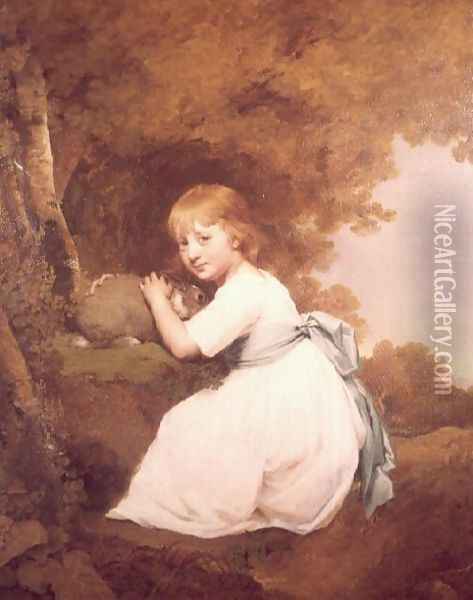 Miss Bentley in a white dress holding a rabbit Oil Painting - Josepf Wright Of Derby