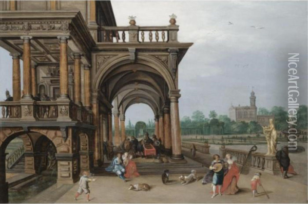 The Gardens Of A Palace, With 
Elegant Figures Strolling, Making Music And Playing Backgammon In A 
Loggia Oil Painting - Hendrick van, the Younger Steenwyck
