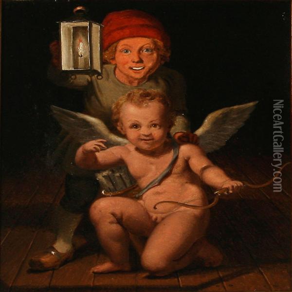 A Gnome Lights The Way For Cupid Oil Painting - Lorenz Frolich