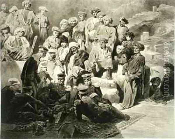 Military Meal in the Ruins at Sioukh Dagestan plate 69 from a book on the Caucasus Oil Painting - Grigori Grigorevich Gagarin