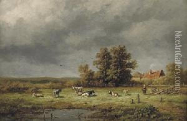 Cows In A Sunlit Meadow Oil Painting - Anthonie Jacobus Van Wyngaerts