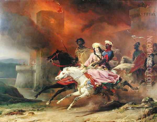 Rebecca and Brian de Bois-Guilbert, 1828 Oil Painting - Leon Cogniet