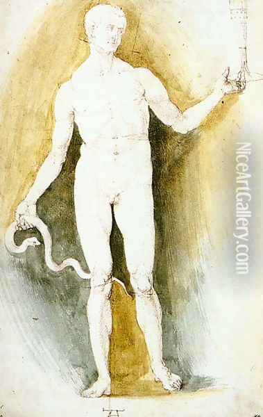 Male Nude with a Glass and Snake, so-called Asclepius Oil Painting - Albrecht Durer