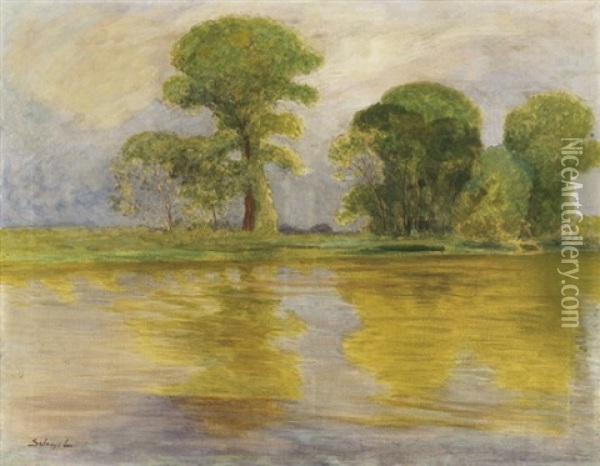 Napfenyes Folyopart (sunny Riverside) Oil Painting - Lajos Szlanyi