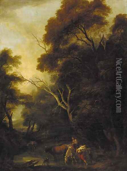 A wooded landscape with drovers at a ford Oil Painting - Philip Jacques de Loutherbourg