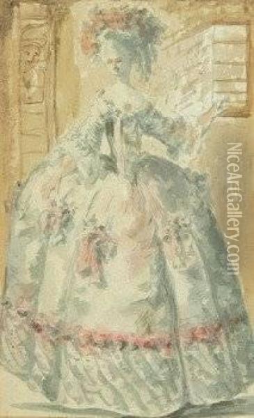 In 18th Century Costume Being Watched By A Hiding Suitor Oil Painting - Lady L. Jenkinson
