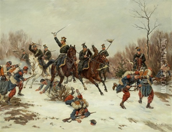 Gefecht Zwischen Reitern Eines Preussischen Ulanen-regiments Und Franzosischen Infanterie-soldaten Oil Painting - Emil Hunten