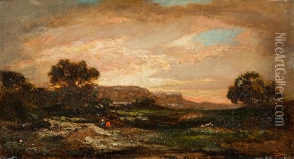Landschaft Mit Figurenstaffage Bei Sonnenuntergang Oil Painting - Theodore Rousseau