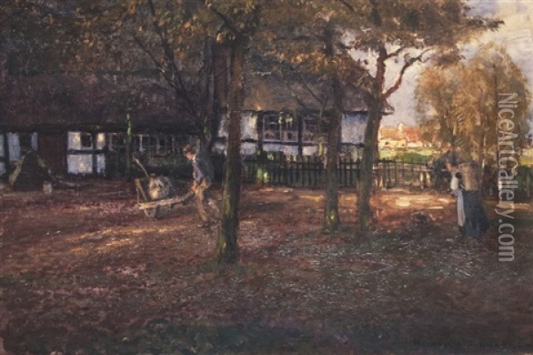 Evening At The Farm Oil Painting - Heinrich Hermanns