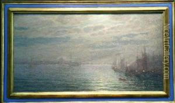 Ships In Moonlit Harbor Oil Painting - Charles A. Watson