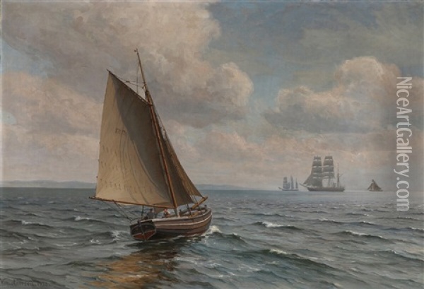 Seascape With Sailing Ships On A Summer Day Oil Painting - Vilhelm Karl Ferdinand Arnesen