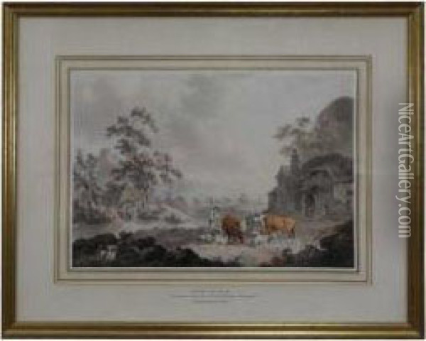 Herdsman, Milkmaid And Cattle Outside A Farmhouse Oil Painting - Peter La Cave