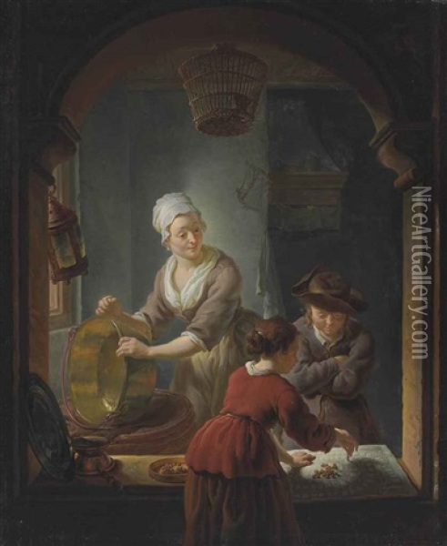An Interior With A Kitchen Maid Cleaning A Copper Pot And A Youth And Young Woman Playing Jeu De L'oie Oil Painting - Louis de Moni