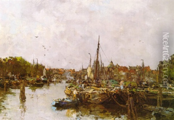 Boats In A Dutch Port Oil Painting - Johan Hendrik van Mastenbroek