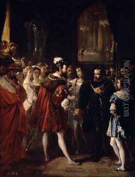 Charles V (1500-58) received by Francis I (1494-1547) at the Louvre, c.1843 Oil Painting - Alexandre-Marie Colin
