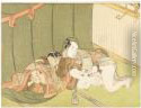 A Couple Making Love
Beneath A Mosquito Net Whilst The Woman's Husband Covers His Ears
From The Noise Of The Thunder Outside Oil Painting - Suzuki Harunobu