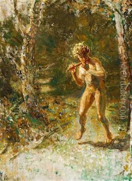 En Faun Med Flojte I Skoven Oil Painting - Julius Paulsen