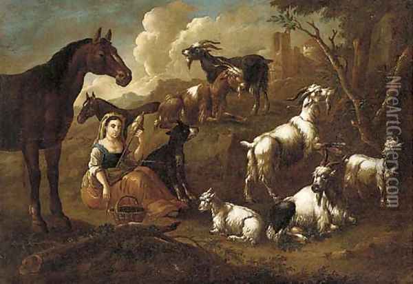 A shepherdess spinning wool with goats, horses and a dog nearby Oil Painting - Cajetan Roos