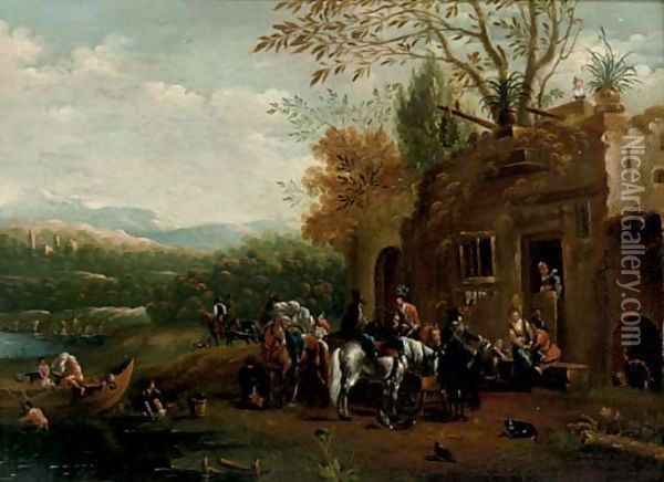 A river landscape with a hawking party at rest outside a tavern Oil Painting - Barend Gael or Gaal