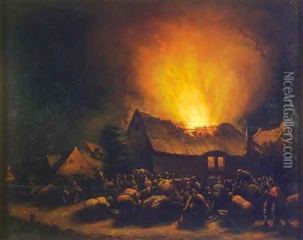 Fire in a Village Oil Painting - Egbert van der Poel