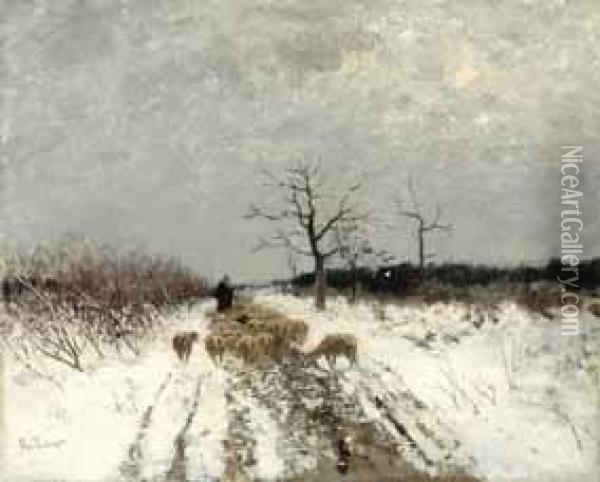 'schafer Mit Seiner Herde Im Winter'. Oil Painting - Richard Von Poschinger