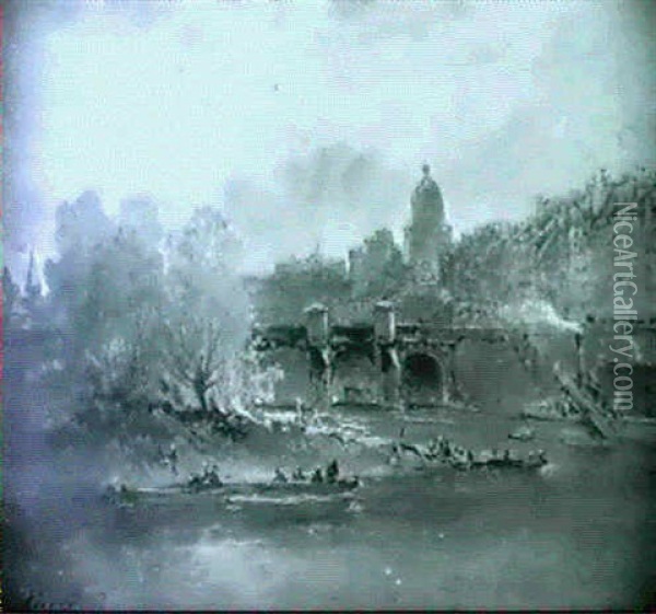 Le Pont-neuf Et Les Quais De La Seine Oil Painting - Ernest Ciceri