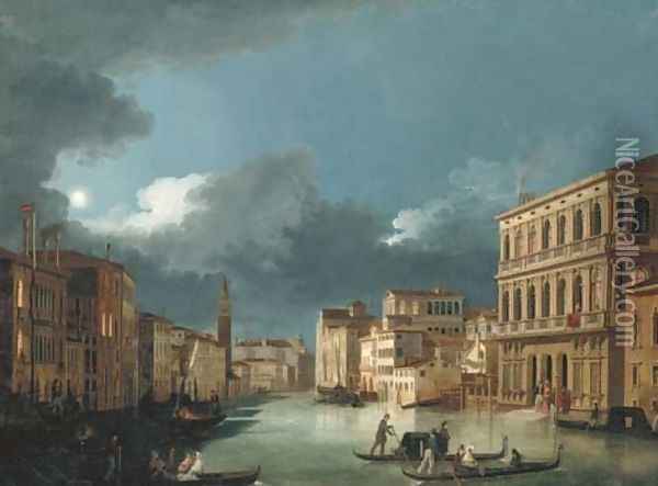 The Grand Canal, Venice, looking north-west, from the Palazzo Corner to the Palazzo Contarini dagli Scrigni, by moonlight... Oil Painting - Giuseppe Bernardino Bison