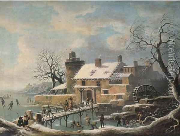 A winter landscape with skaters on frozen water and travellers on a bridge, a village with a watermill nearby Oil Painting - Andries Vermeulen