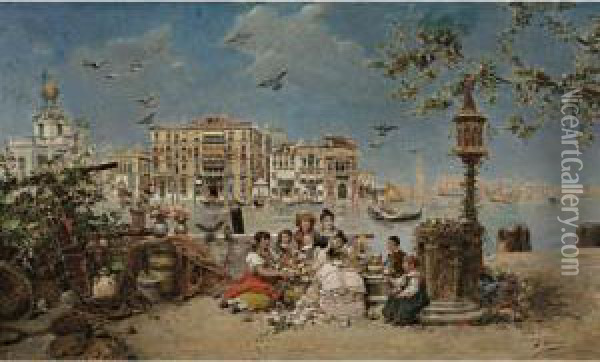 Venetian Flower Sellers Oil Painting - Jose Benlliure Y Gil