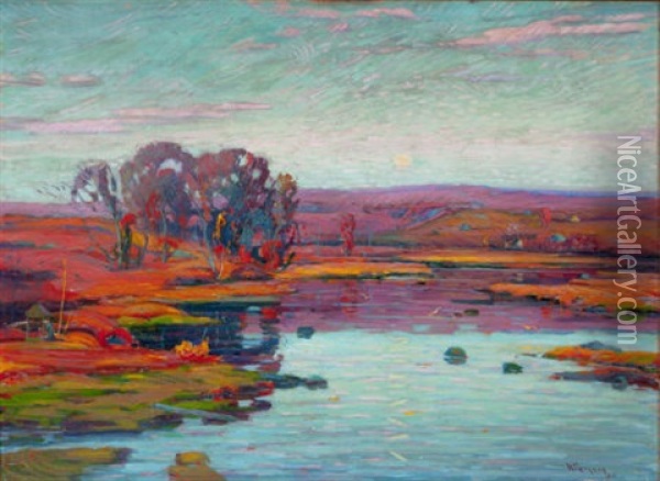 Landscape With Trees And Pond At Sunset Oil Painting - William Greason