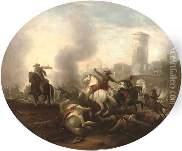 A cavalry battle before a castle Oil Painting - Francesco Simonini