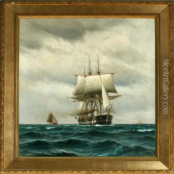 Marine With The Danish Frigate Jylland On Open Sea Oil Painting - Holger Peter Svane Lubbers