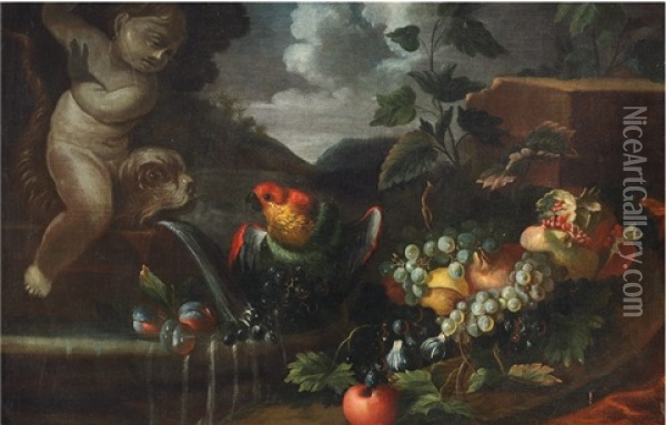Fruit Still Life With Parrot Oil Painting - Abraham Brueghel