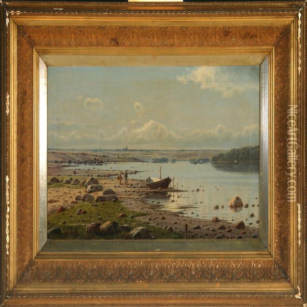 Scenery From Roskilde Inlet, In The Back Roskilde Cathedral Oil Painting - Gustav Holmboe
