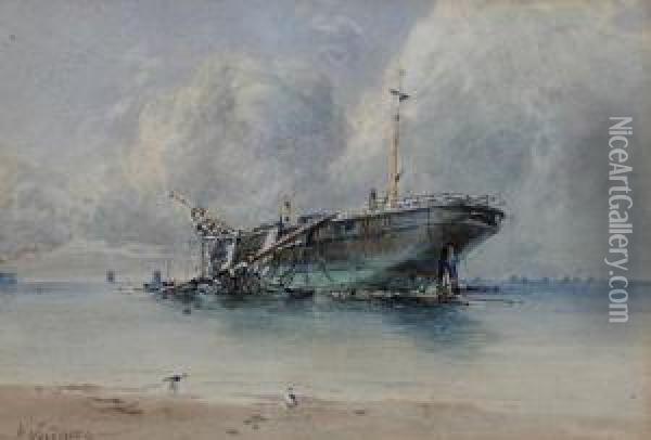 Dismasted And Beached Vessel On The Coast Oil Painting - William Arnold Woodhouse