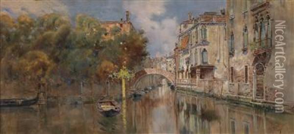 View Of A Canal In Venice Oil Painting - Antonio Maria de Reyna