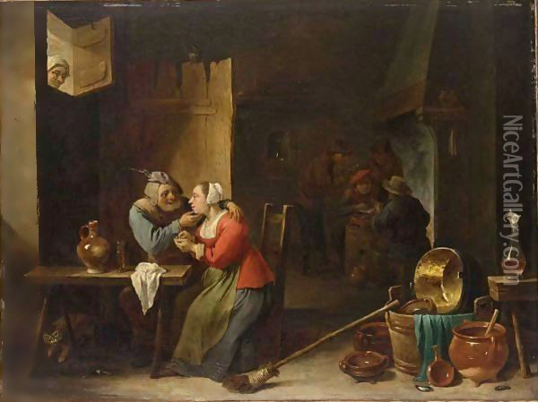 An Interior Of An Inn With An Amorous Couple At A Table, And Figures Smoking Near A Fireplace In The Background Oil Painting - David The Younger Teniers