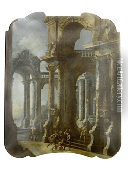 An Architectural Capriccio Of The Interior Of A Palace With The Mocking Of Christ Oil Painting - Stefano Orlandi