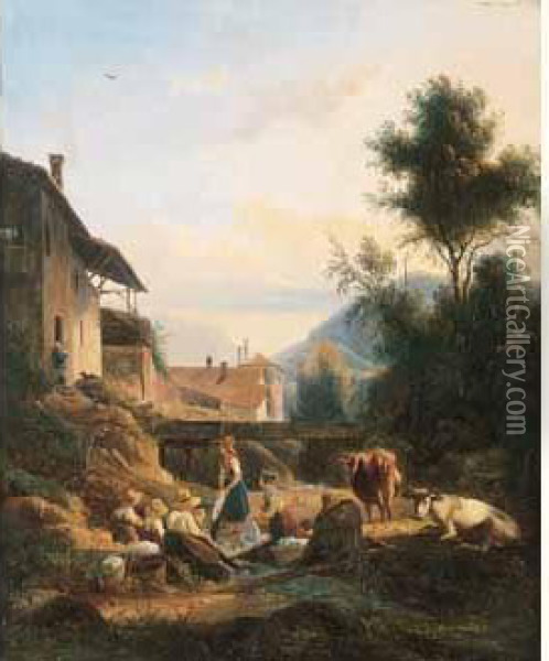 < Blanchisseuse Pres D'un Ruisseau Au Pied D'un Paysage Montagnard >. Oil Painting - Isidore Dagnan