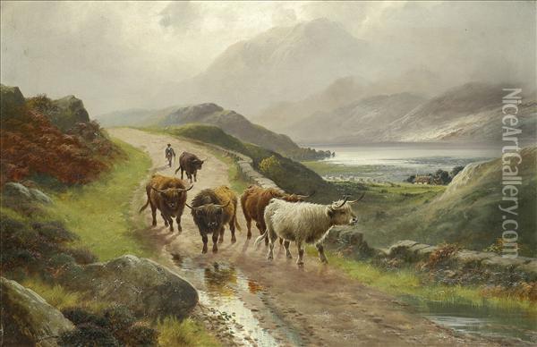 Highland Cattlereturning To The Homestead, With Cattle And Drover, A Cottage Andloch Beyond Oil Painting - Harold Hall