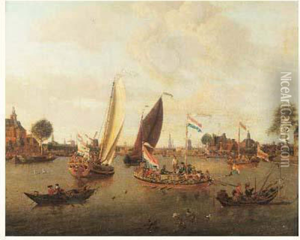 Bateaux Officiels Sur L'amstel Pres De Hoogesluis Oil Painting - Abraham Storck