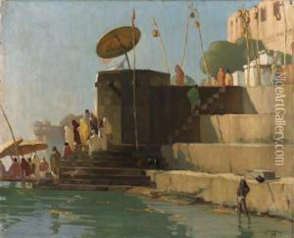A Benares Ghat; On The Steps By The Ganges Oil Painting - Ernest Stephen Lumsden