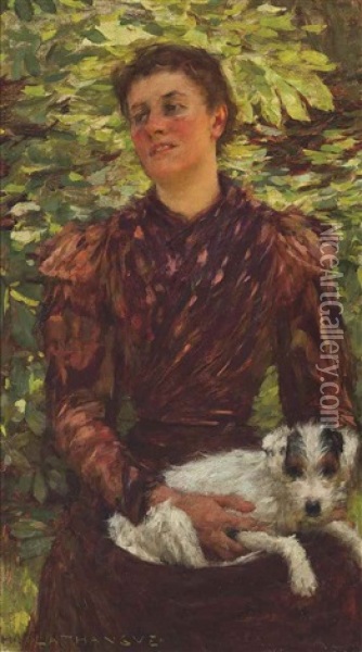 Girl With A Puppy Oil Painting - Henry Herbert La Thangue
