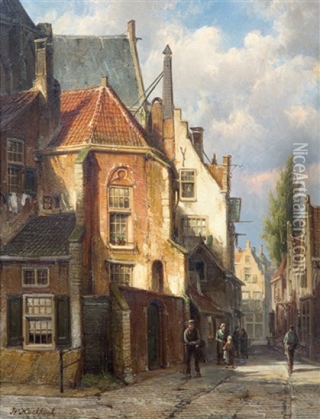 A Dutch Street Scene Behind A Church Oil Painting - Willem Koekkoek