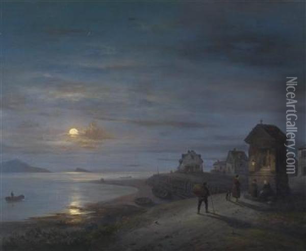 Coastal Landscape With Rising Moon And Figures By A Wayside Shrine In The Foreground Oil Painting - Guiseppe Canella