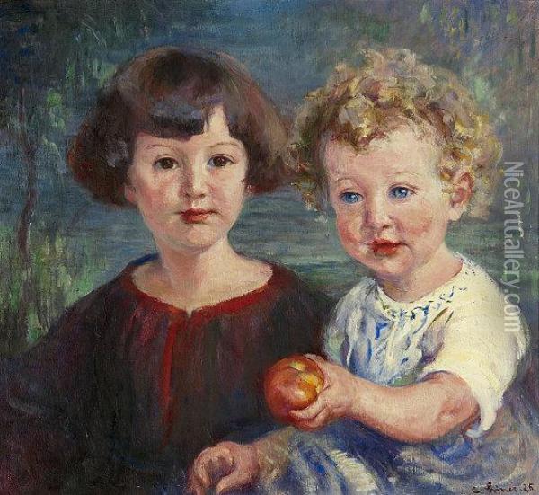 Zwei Kinder Vor Landschaft Oil Painting - Carl August Liner