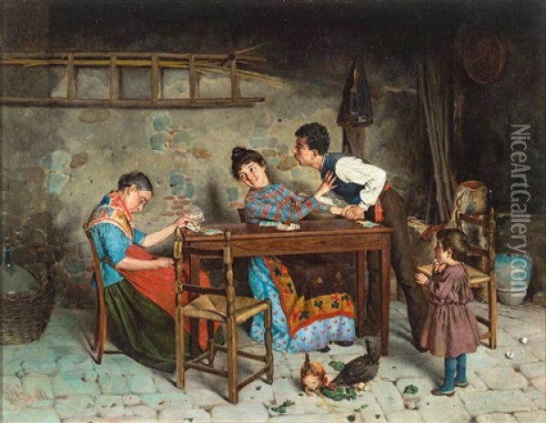 Tandelndes Paar Mit Der Beim Kartenspiel Eingeschlafenen Grosmutter Oil Painting - Cosimo Conti