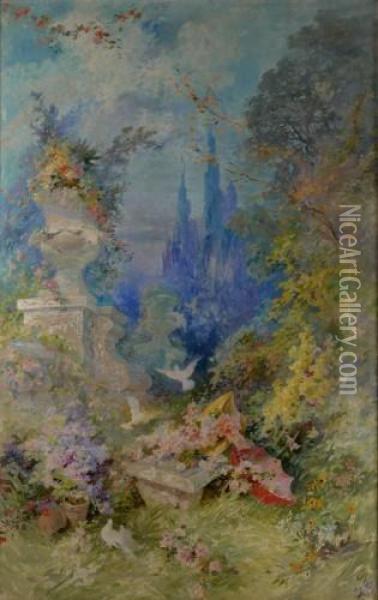 Idylle Champetre Aux Colombes Oil Painting - Jules Cheret